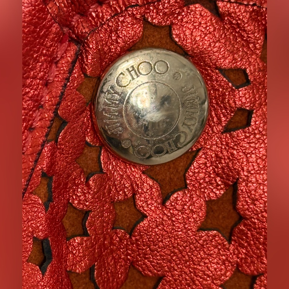 JIMMY CHOO BEAUTIFUL Laser Cut Red Leather Shoulder Bag w/dust bag ~ EUC - Picture 12 of 13